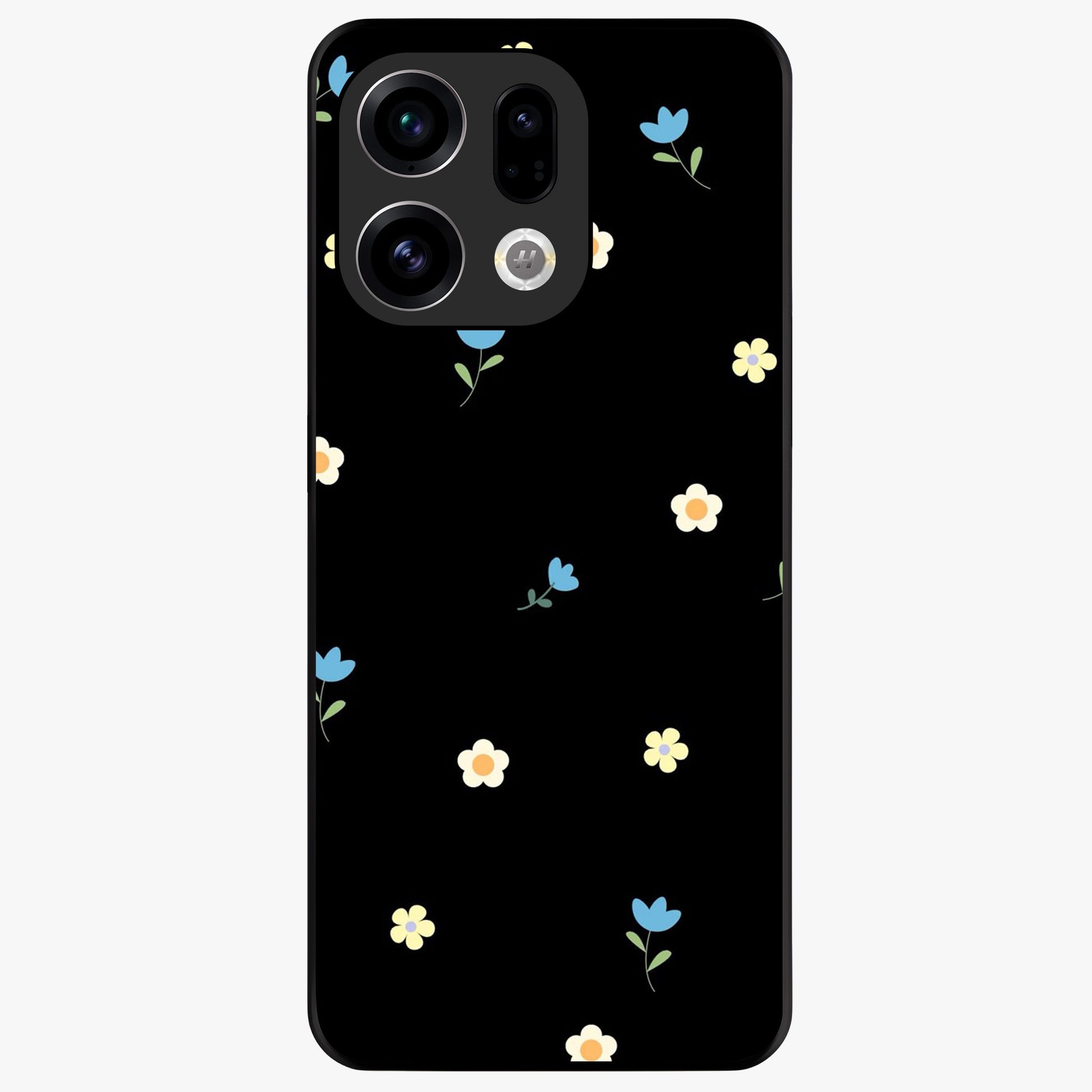 Minimalistic Blue With White Flower Pattern Glass Case showing flat back view with blue background and white flower pattern and glossy glass finish.