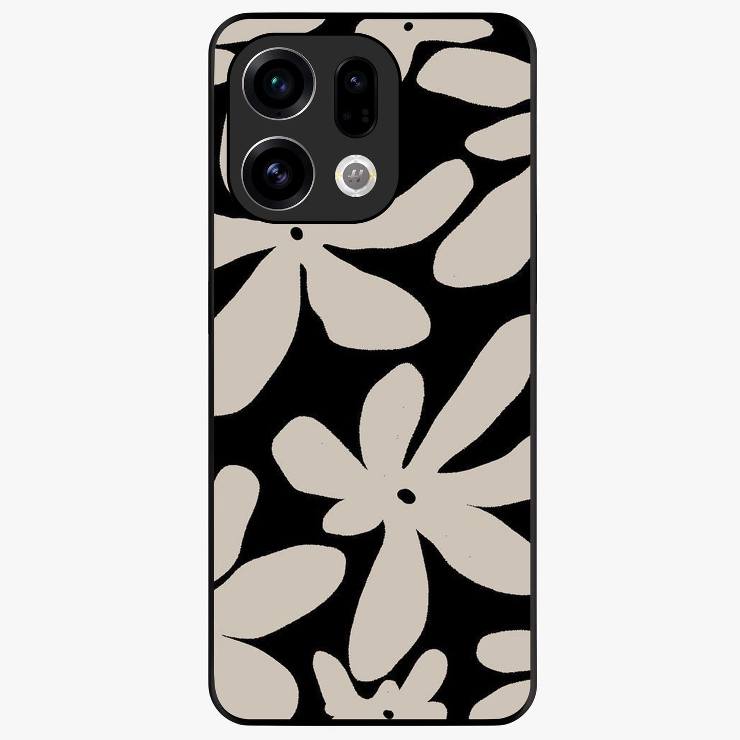 Monochrome Petal Dance Glass Case showing flat back view with monochrome floral artwork and glossy glass finish.