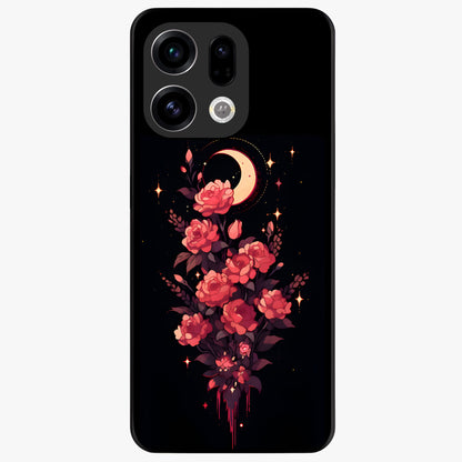 Moonlit Floral Elegance Glass Case showing flat back view with elegant floral artwork under moonlit tones and glossy glass finish.
