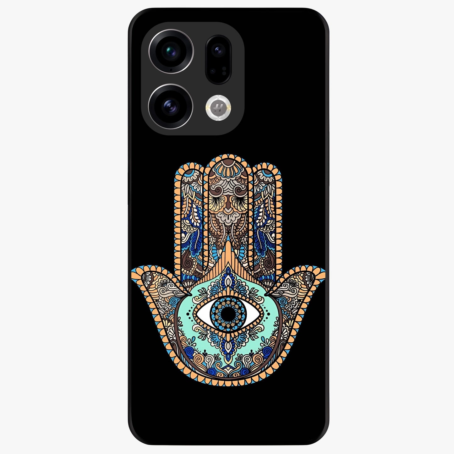 Mystic Hamsa Eye Glass Case showing flat back view with protective hamsa hand and evil eye artwork and glossy glass finish.