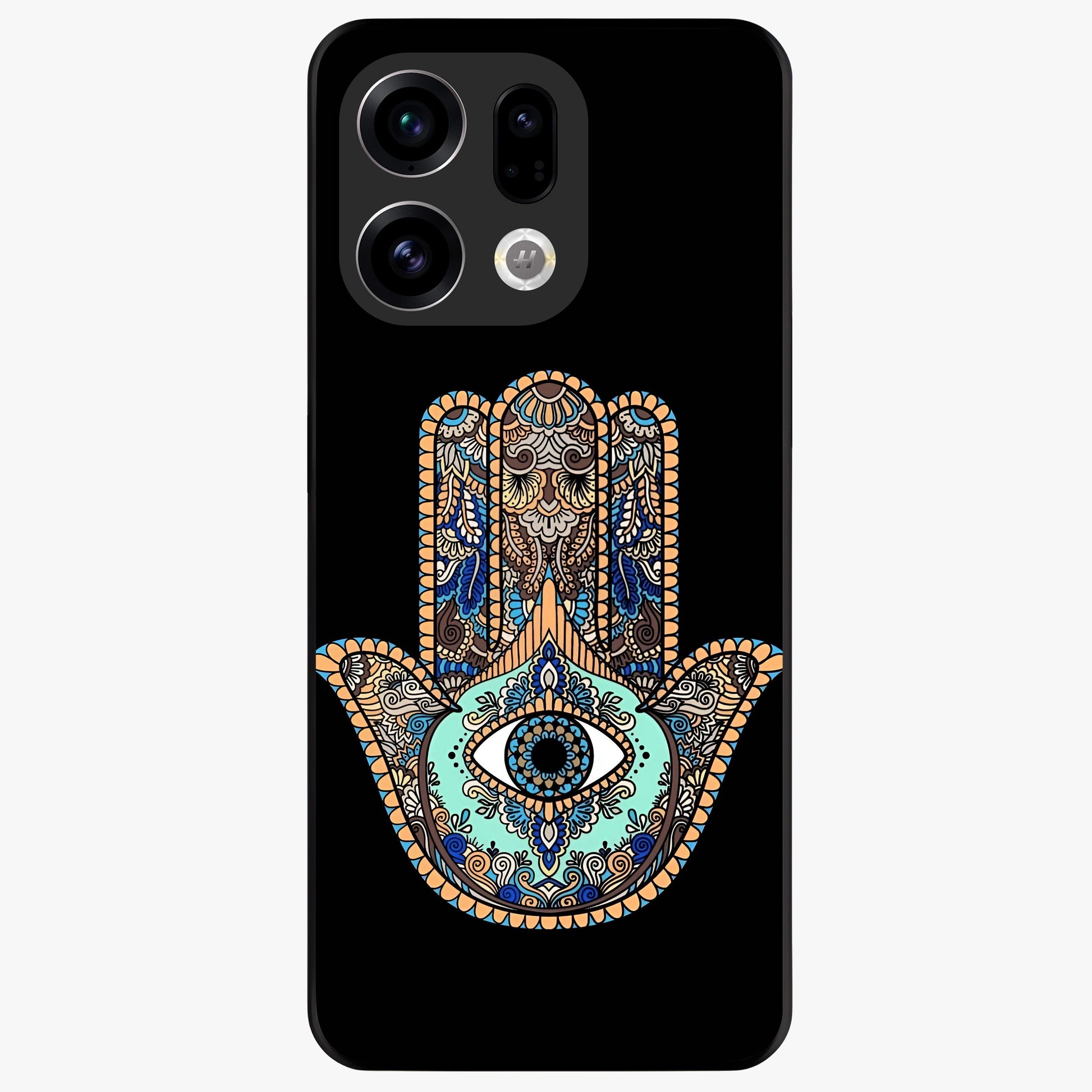 Mystic Hamsa Eye Glass Case showing flat back view with protective hamsa hand and evil eye artwork and glossy glass finish.