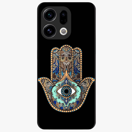 Mystic Hamsa Eye Glass Case showing flat back view with protective hamsa hand and evil eye artwork and glossy glass finish.