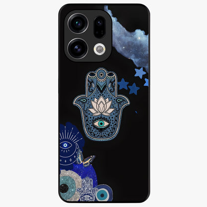 Mystic Hand Aura Glass Case showing flat back view with mystical hand symbol artwork and glossy glass finish.
