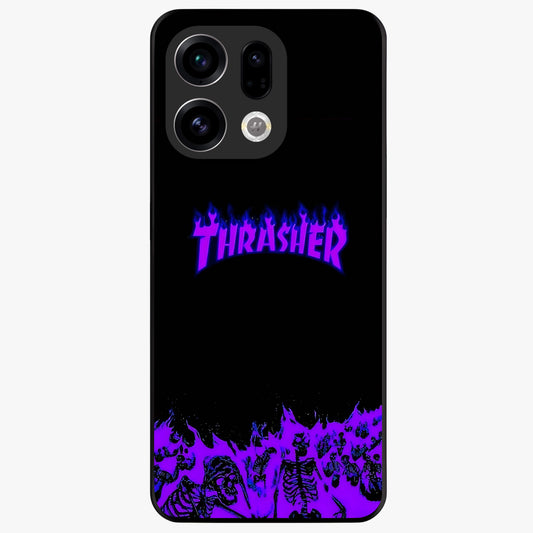 Neon Flame Riot Glass Case showing flat back view with neon flame artwork and glossy glass finish.