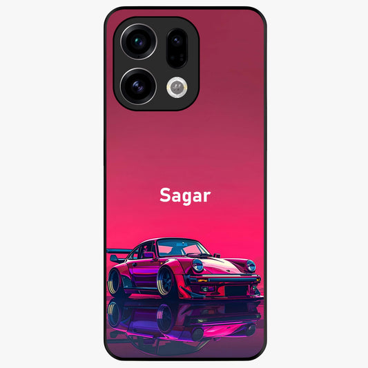 Neon Pink Porsche Glass Case showing flat back view with stylish sports car artwork and glossy glass finish.