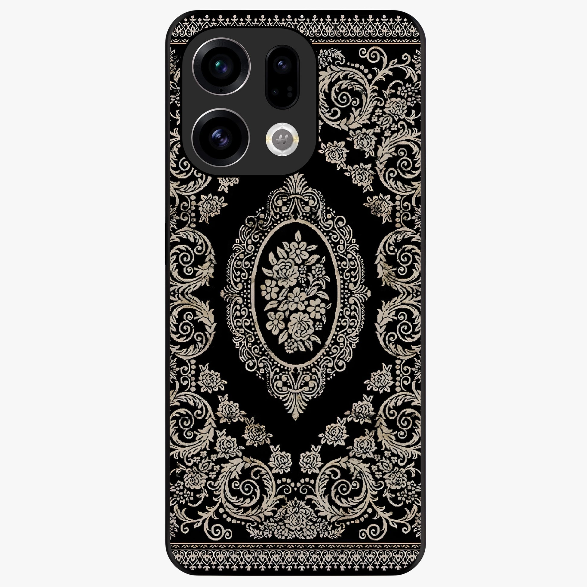 Noir Bloom Elegance Glass Case showing flat back view with elegant dark floral artwork and glossy glass finish.