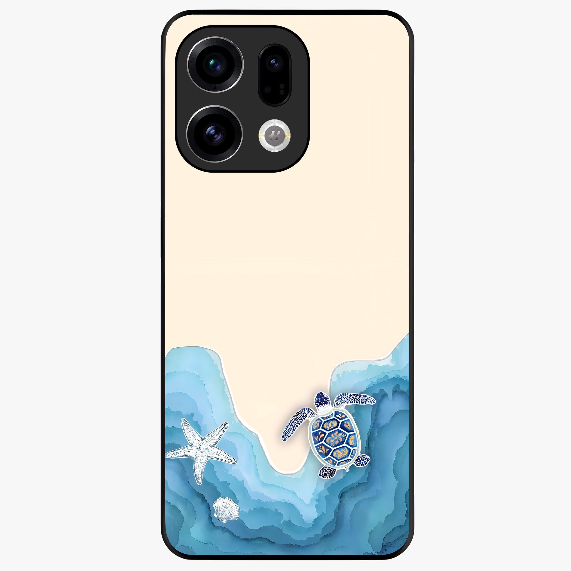 Ocean Drift Turtle Glass Case showing flat back view with sea turtle artwork and glossy glass finish.