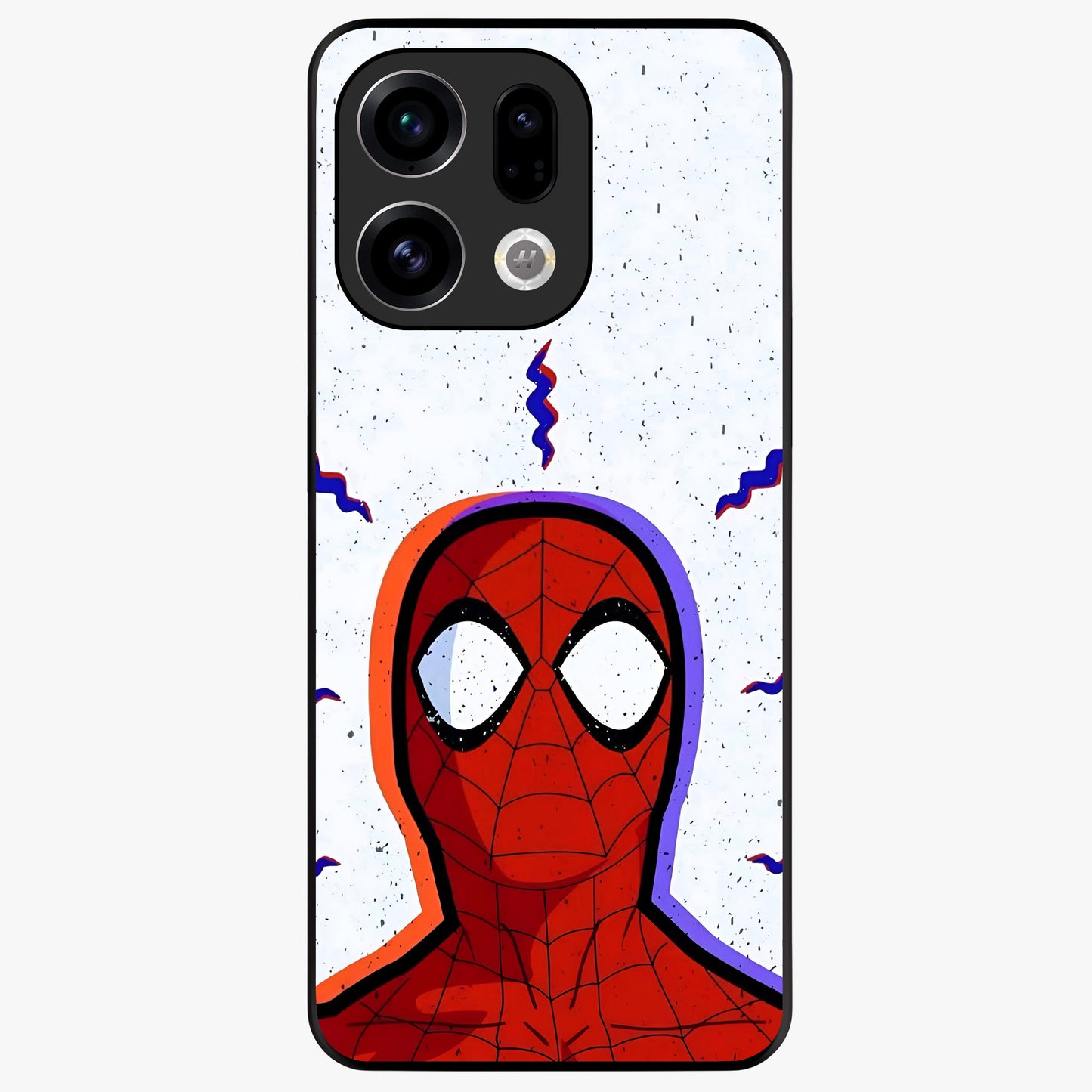 Omg Spiderman Glass Case showing flat back view with bold superhero inspired artwork and glossy glass finish.