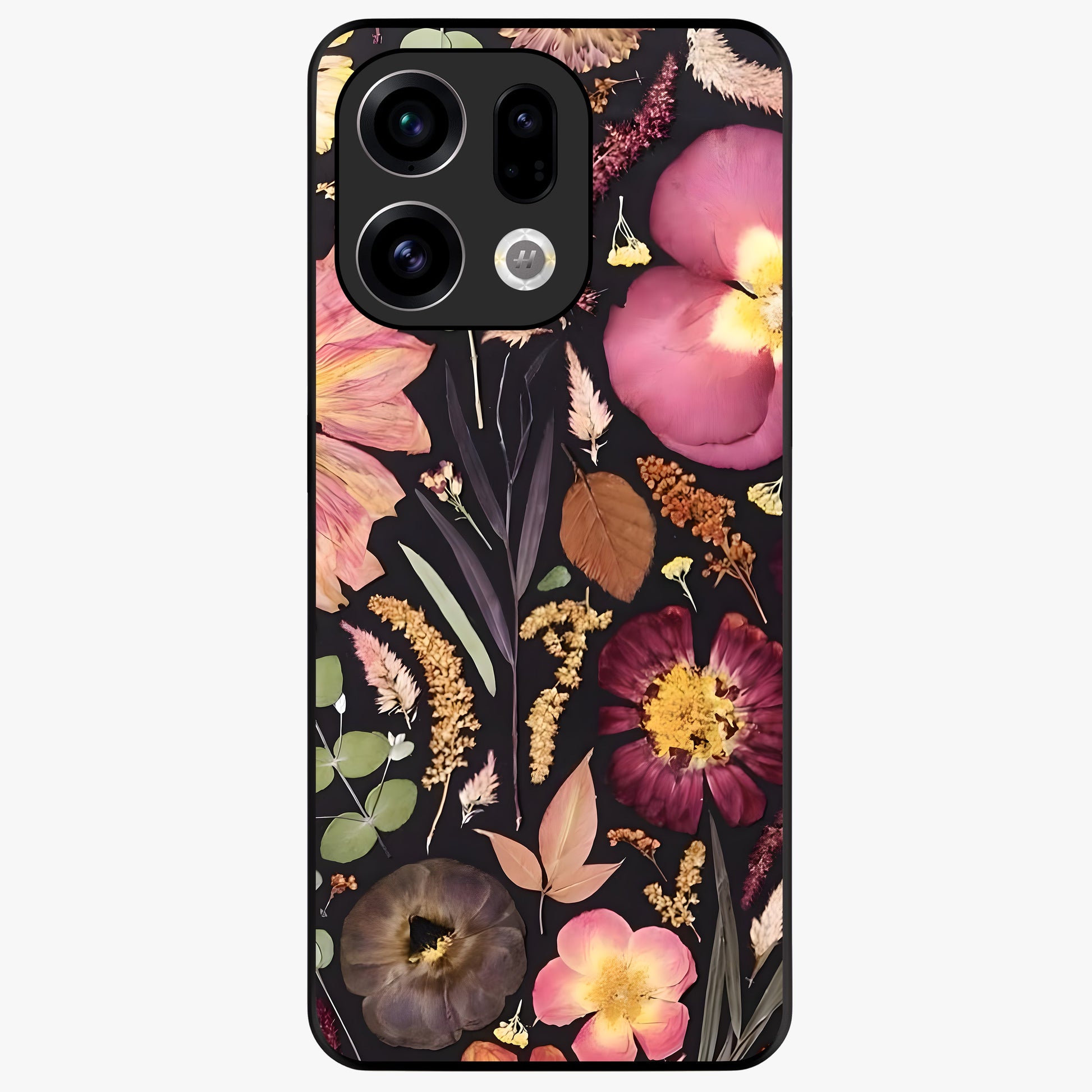 Petal Dream Tapestry Glass Case showing flat back view with intricate floral tapestry artwork and glossy glass finish.