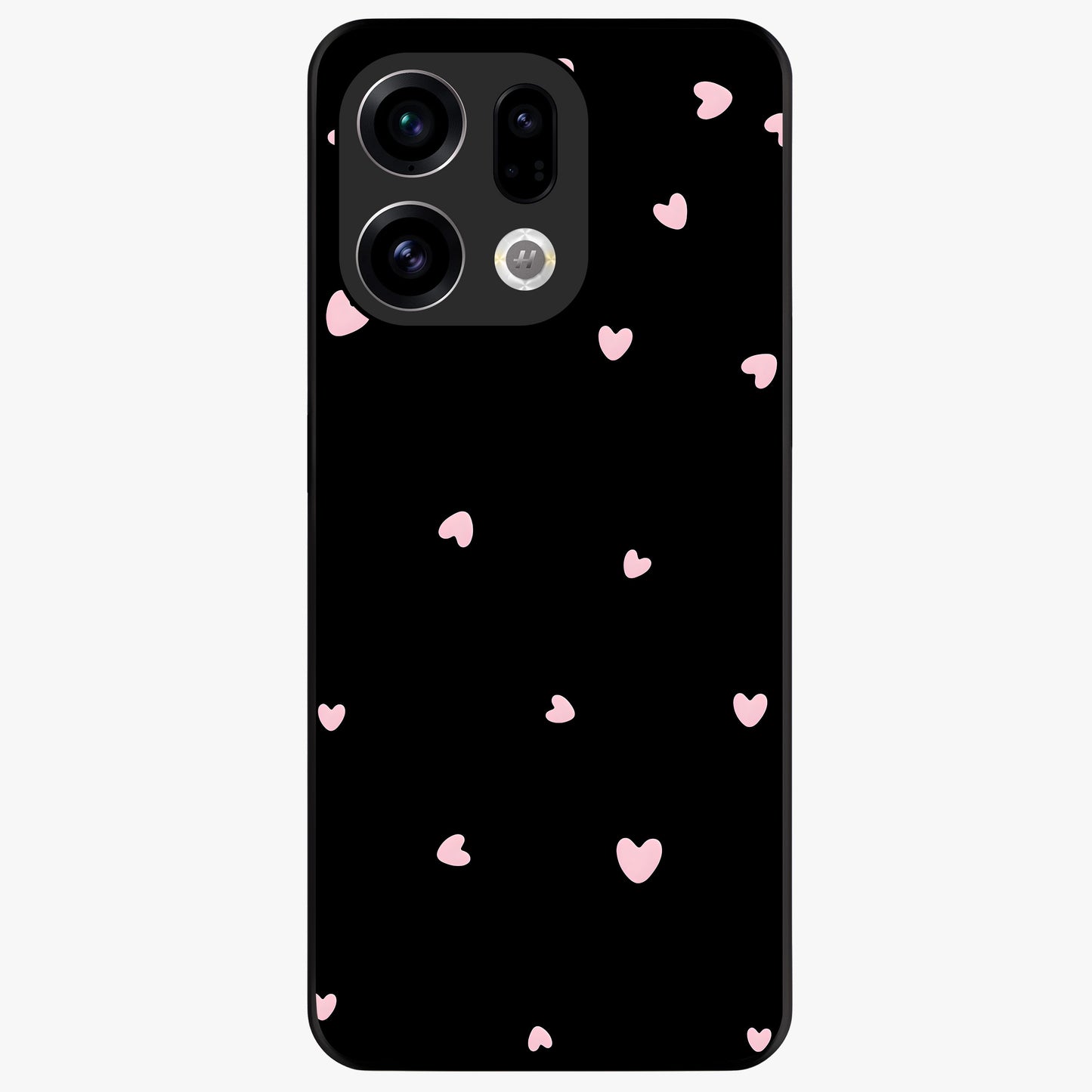 Pink Love Drops Glass Case showing flat back view with playful pink heart drops artwork and glossy glass finish.