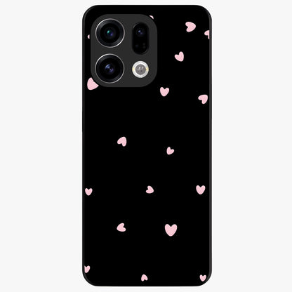 Pink Love Drops Glass Case showing flat back view with playful pink heart drops artwork and glossy glass finish.