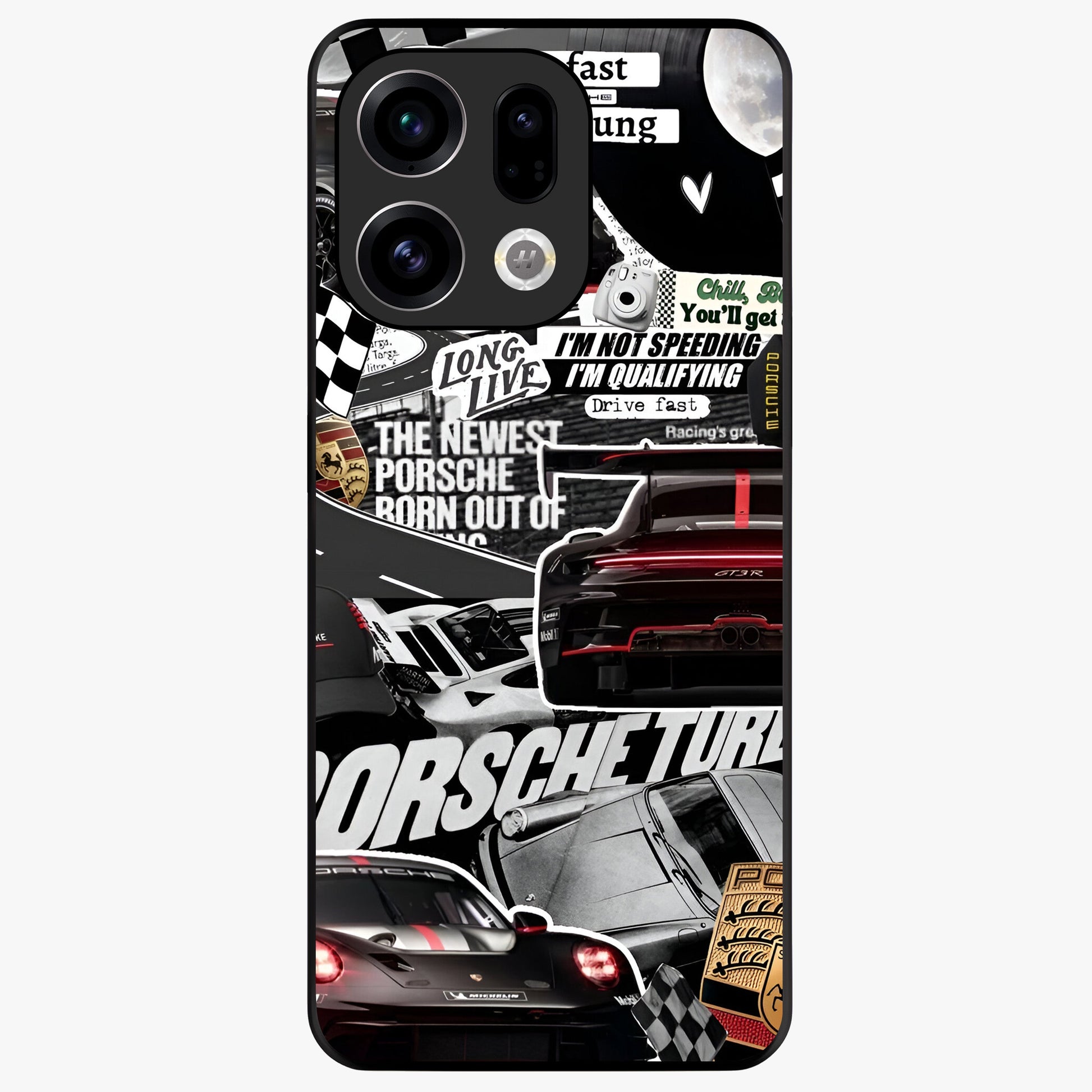 Porsche Racing Collage Glass Case showing flat back view with sports car racing collage artwork and glossy glass finish.
