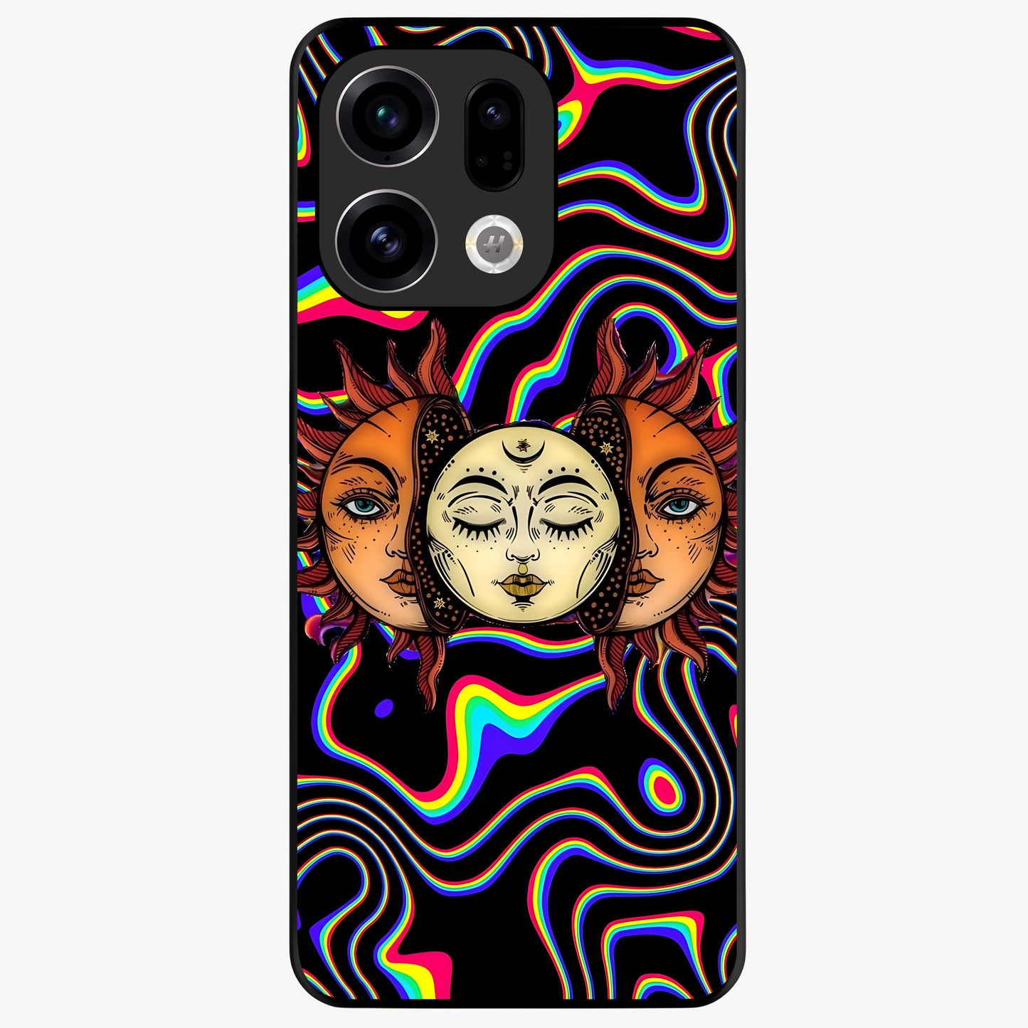 Psychedelic Sun Glass Case showing flat back view with colorful psychedelic sun artwork and glossy glass finish.