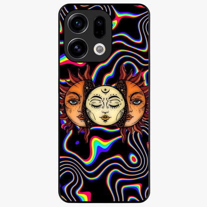 Psychedelic Sun Glass Case showing flat back view with colorful psychedelic sun artwork and glossy glass finish.