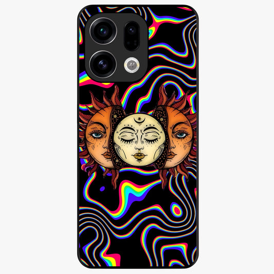 Psychedelic Sun Glass Case showing flat back view with colorful psychedelic sun artwork and glossy glass finish.