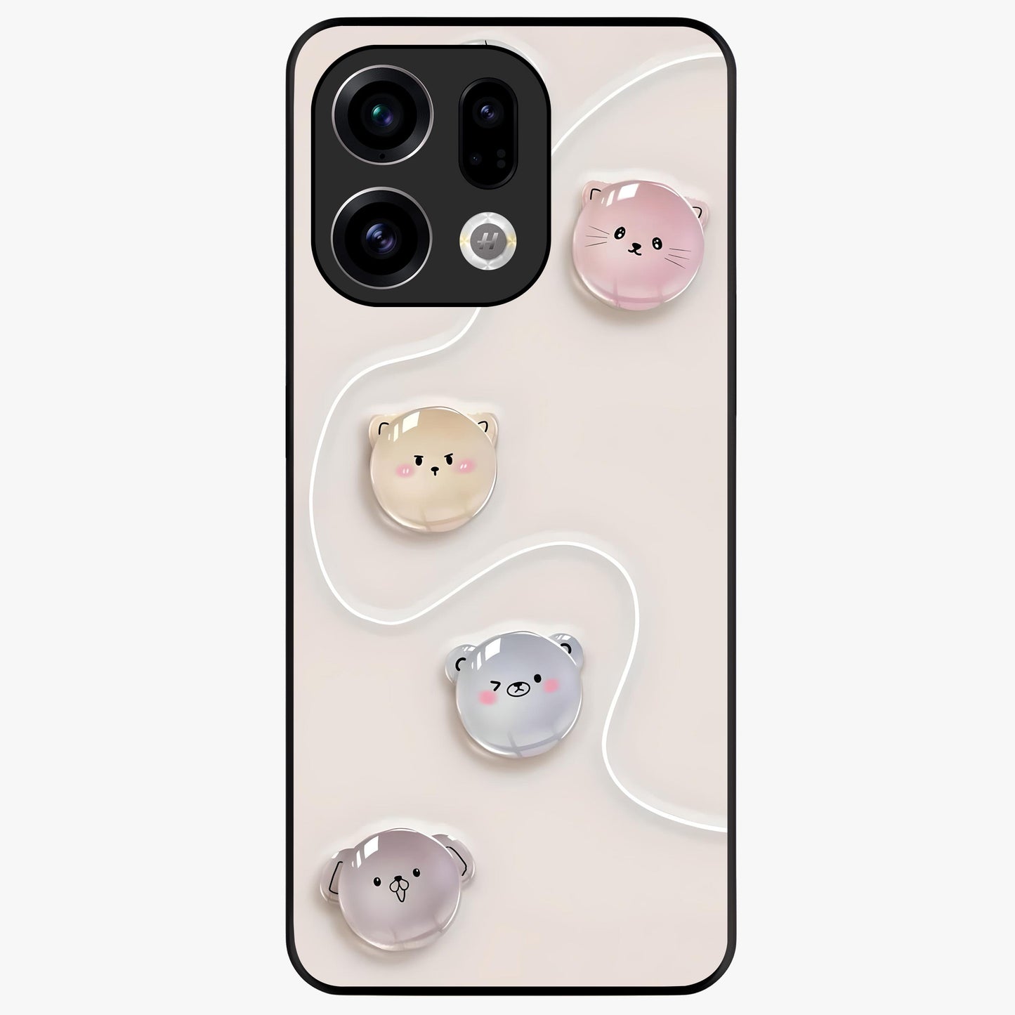 Puffy Face Parade Glass Case showing flat back view with cute puffy character faces artwork and glossy glass finish.