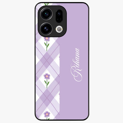 Purple Diamond Floral Glass Case showing flat back view with diamond shaped floral artwork and glossy glass finish.