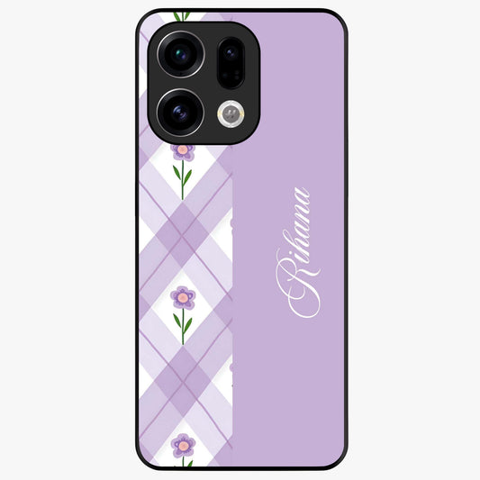 Purple Diamond Floral Glass Case showing flat back view with diamond shaped floral artwork and glossy glass finish.