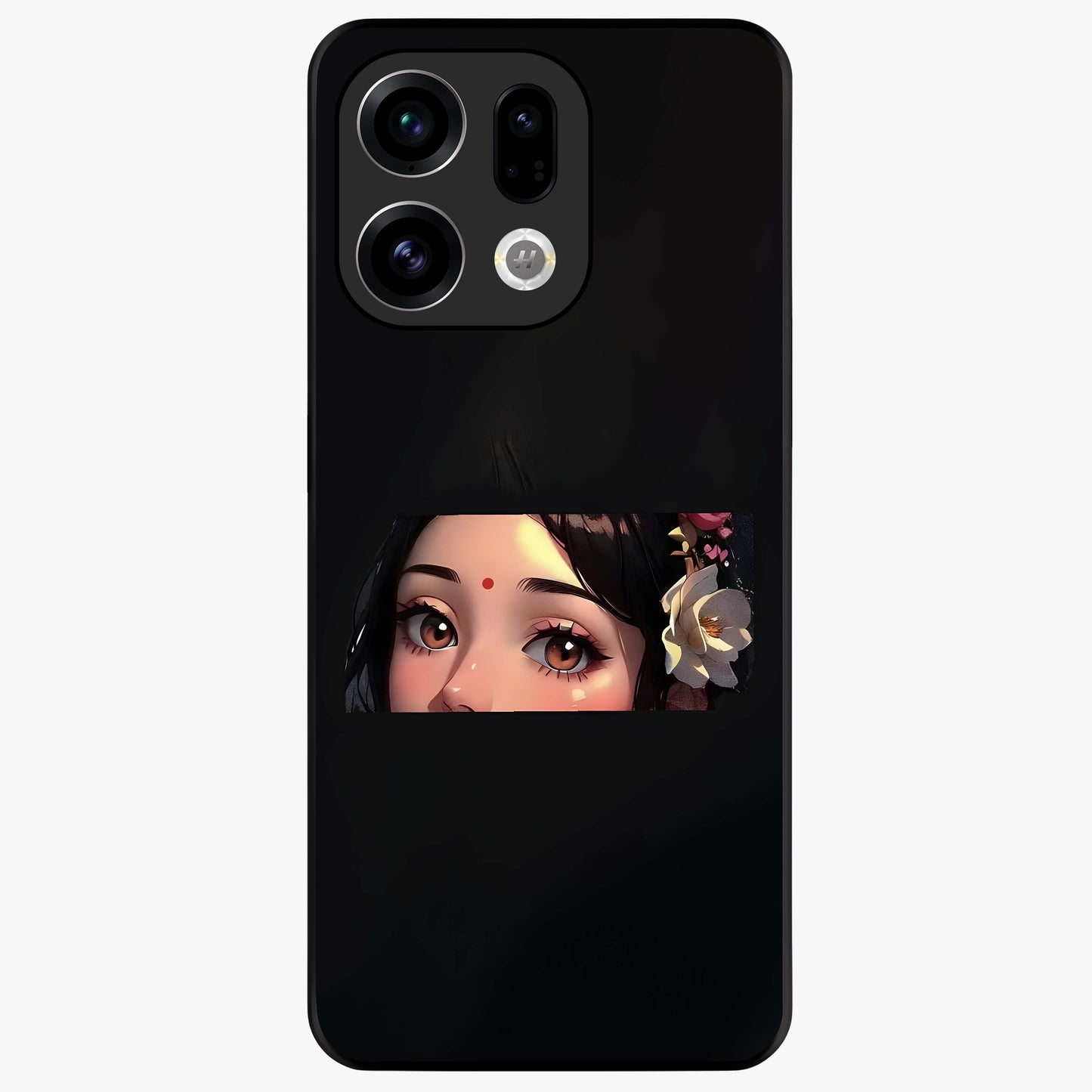 Radha Divine Embrace Glass Case showing flat back view with devotional Radha artwork and glossy glass finish.