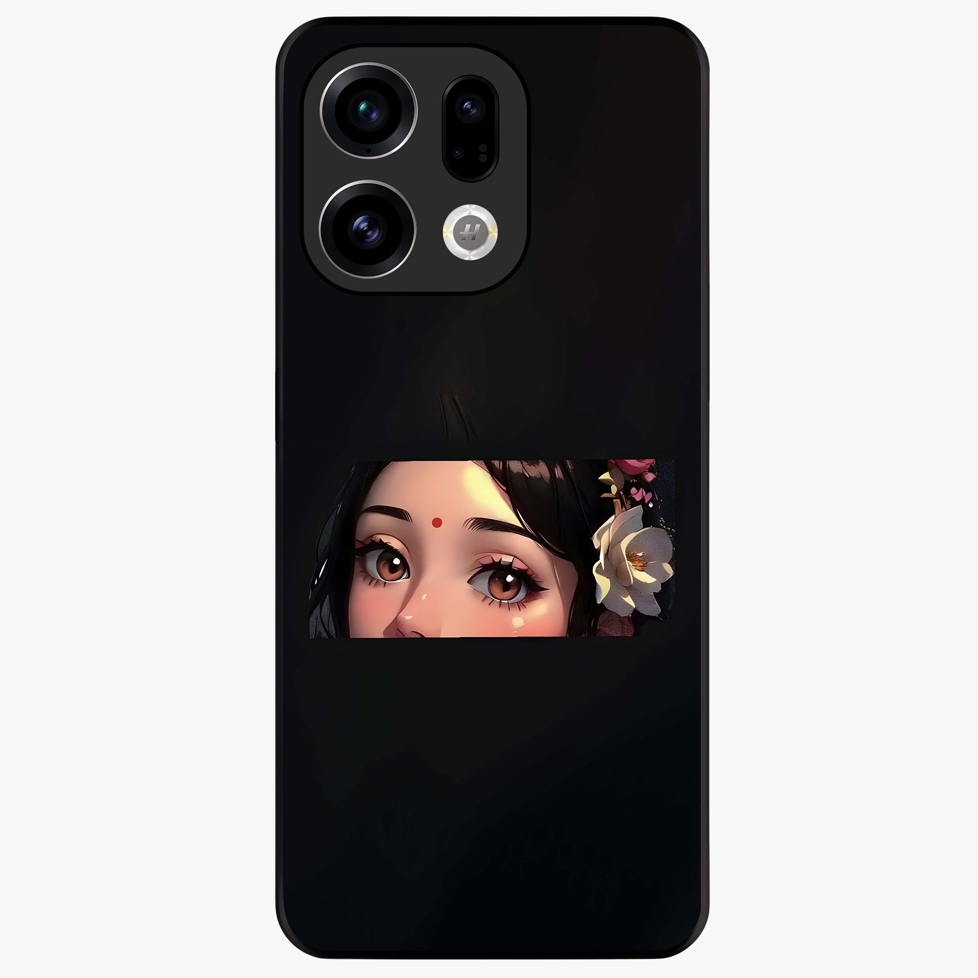 Radha Divine Embrace Glass Case showing flat back view with devotional Radha artwork and glossy glass finish.
