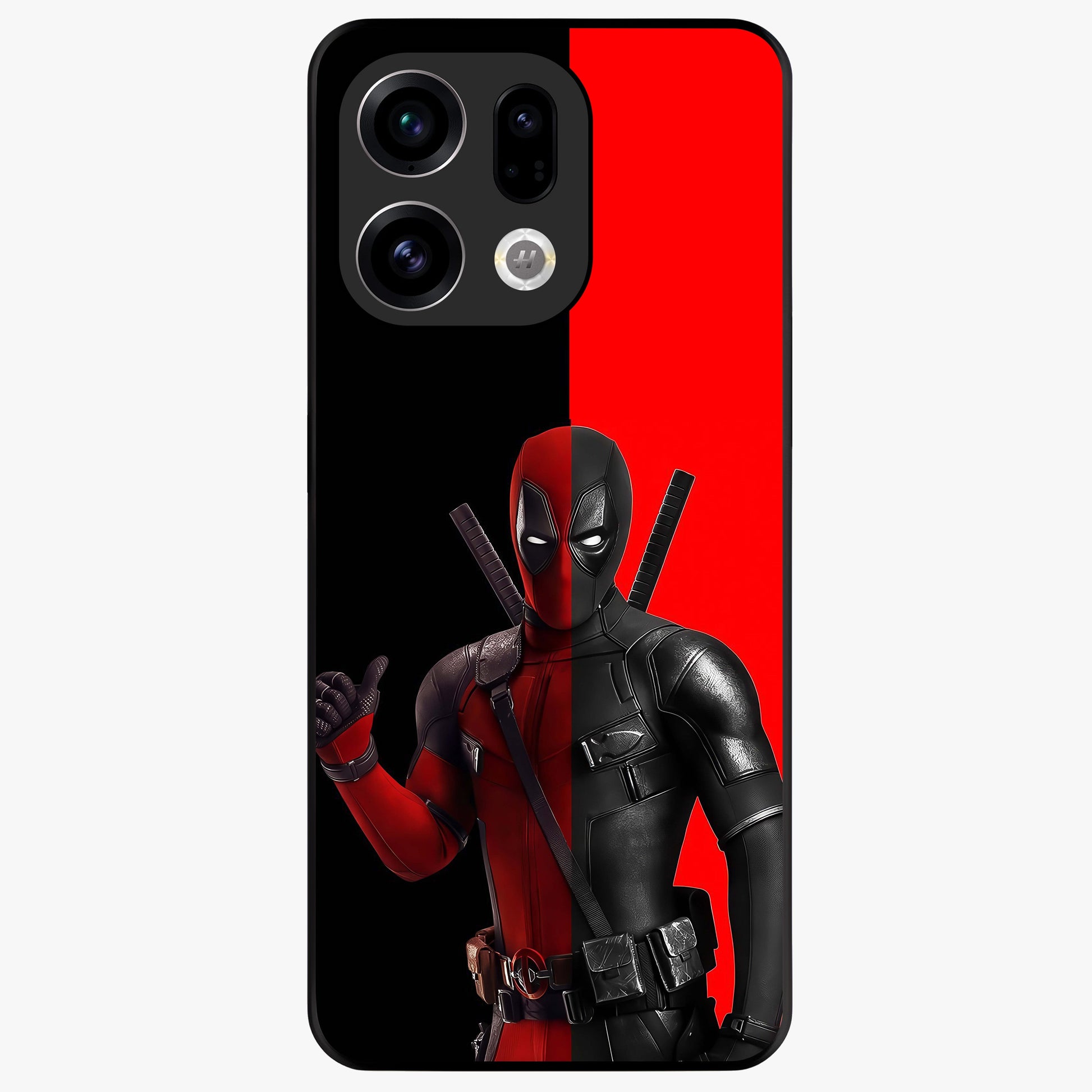 Red & Black Deadpool Theme Glass Case showing flat back view with bold comic inspired artwork and glossy glass finish.