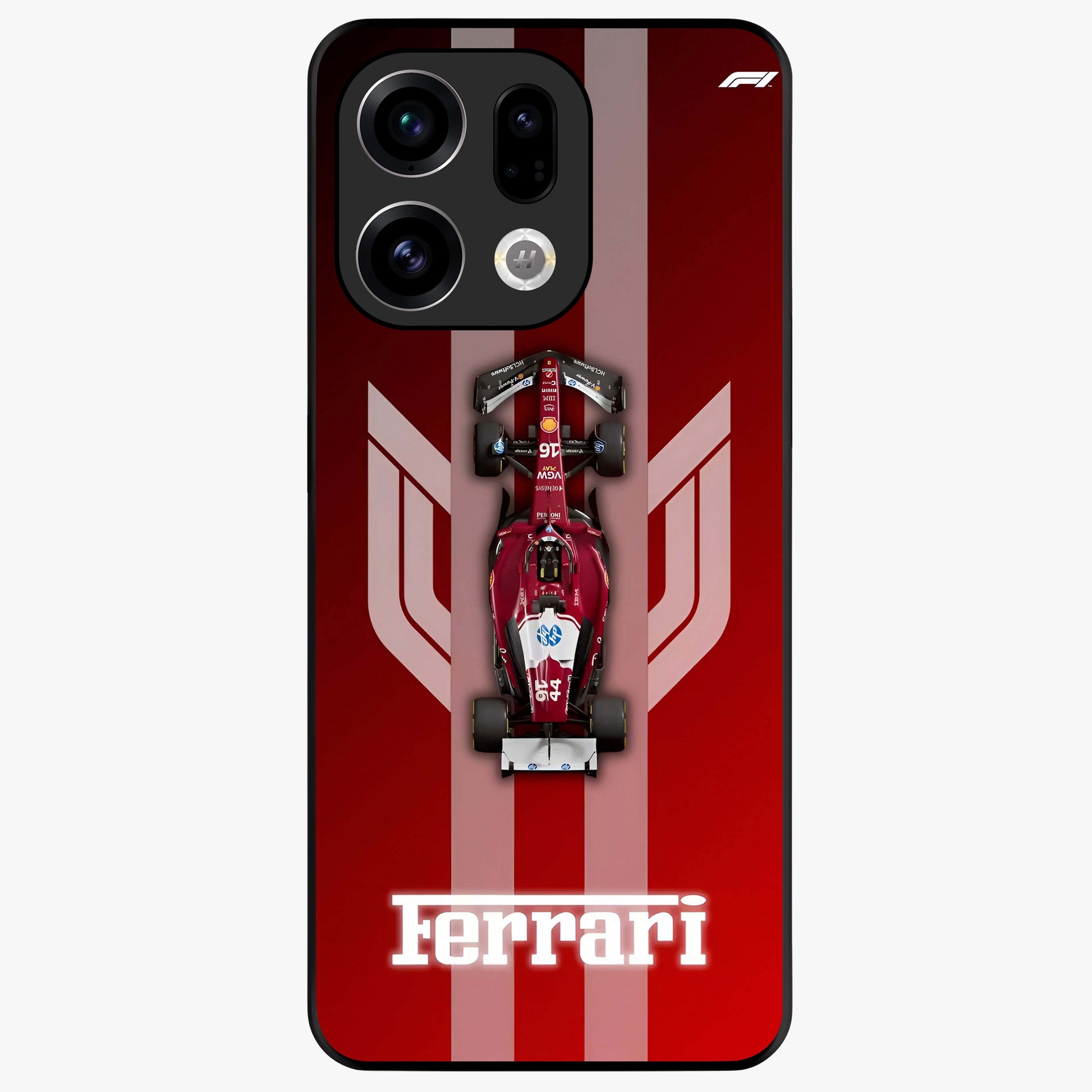 Red Ferrari F1 Vertical Glass Case showing flat back view with sleek Formula racing car artwork and glossy glass finish.