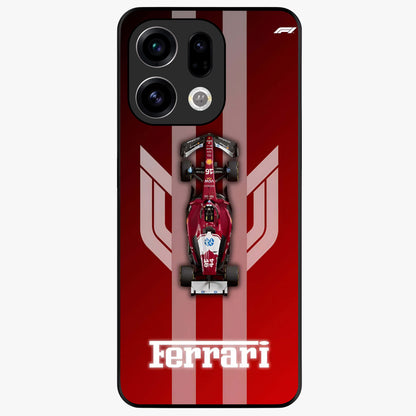 Red Ferrari F1 Vertical Glass Case showing flat back view with sleek Formula racing car artwork and glossy glass finish.