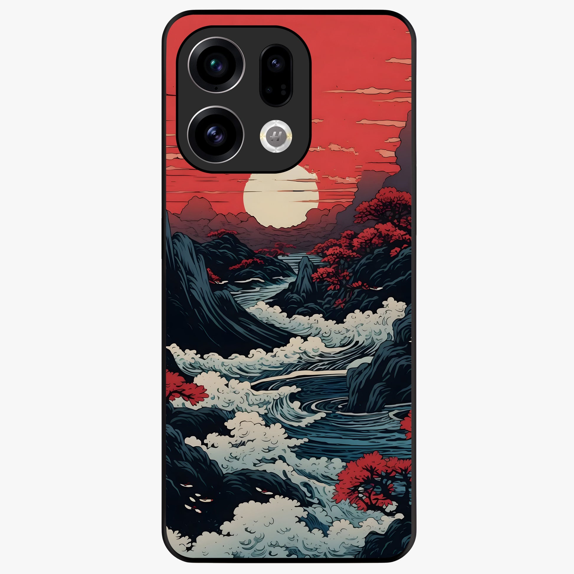 Red Sunset Scenery Glass Case showing flat back view with vibrant sunset landscape artwork and glossy glass finish.