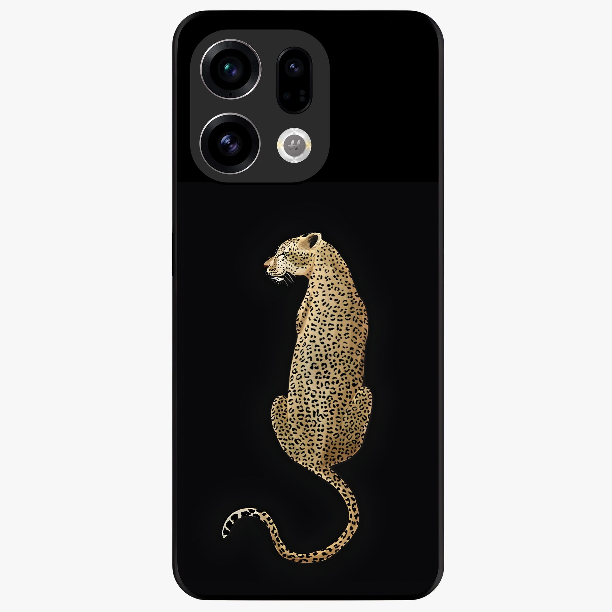 Regal Leopard Glass Case showing flat back view with bold leopard artwork and glossy glass finish.