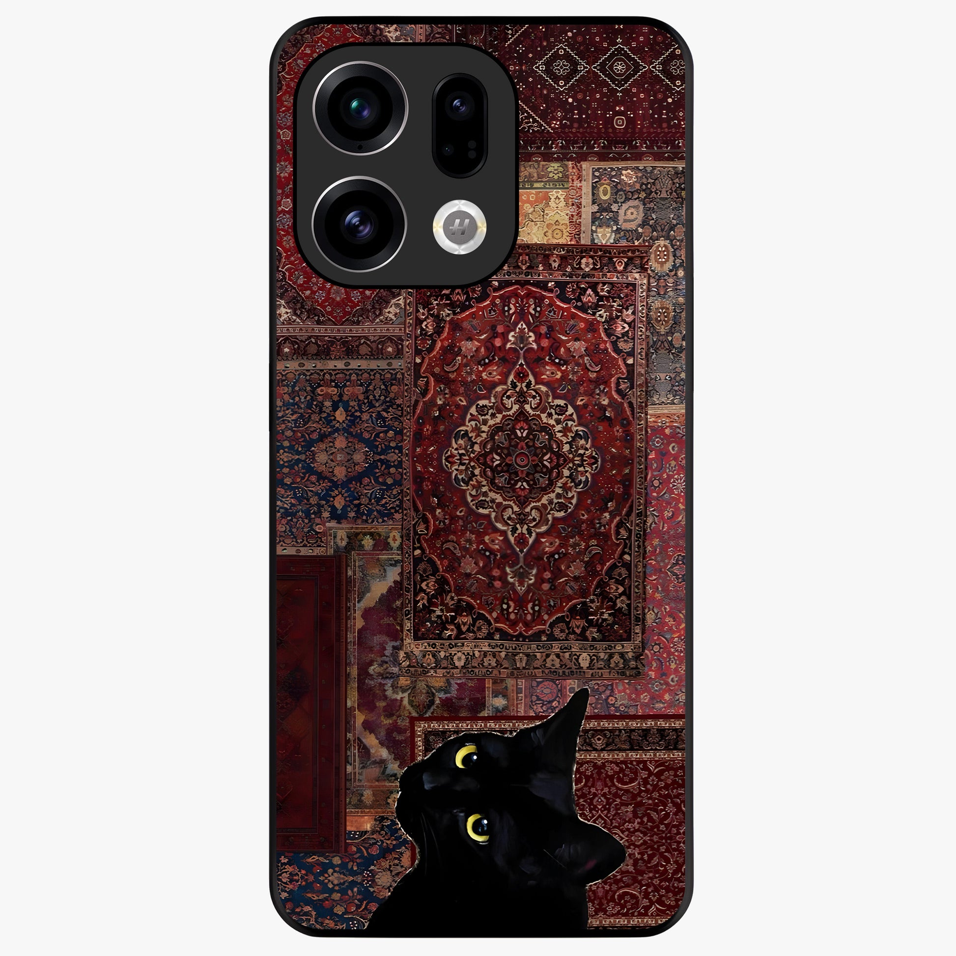 Regal Magic Cat Apple Glass Case showing flat back view with magical cat artwork holding apple and glossy glass finish.