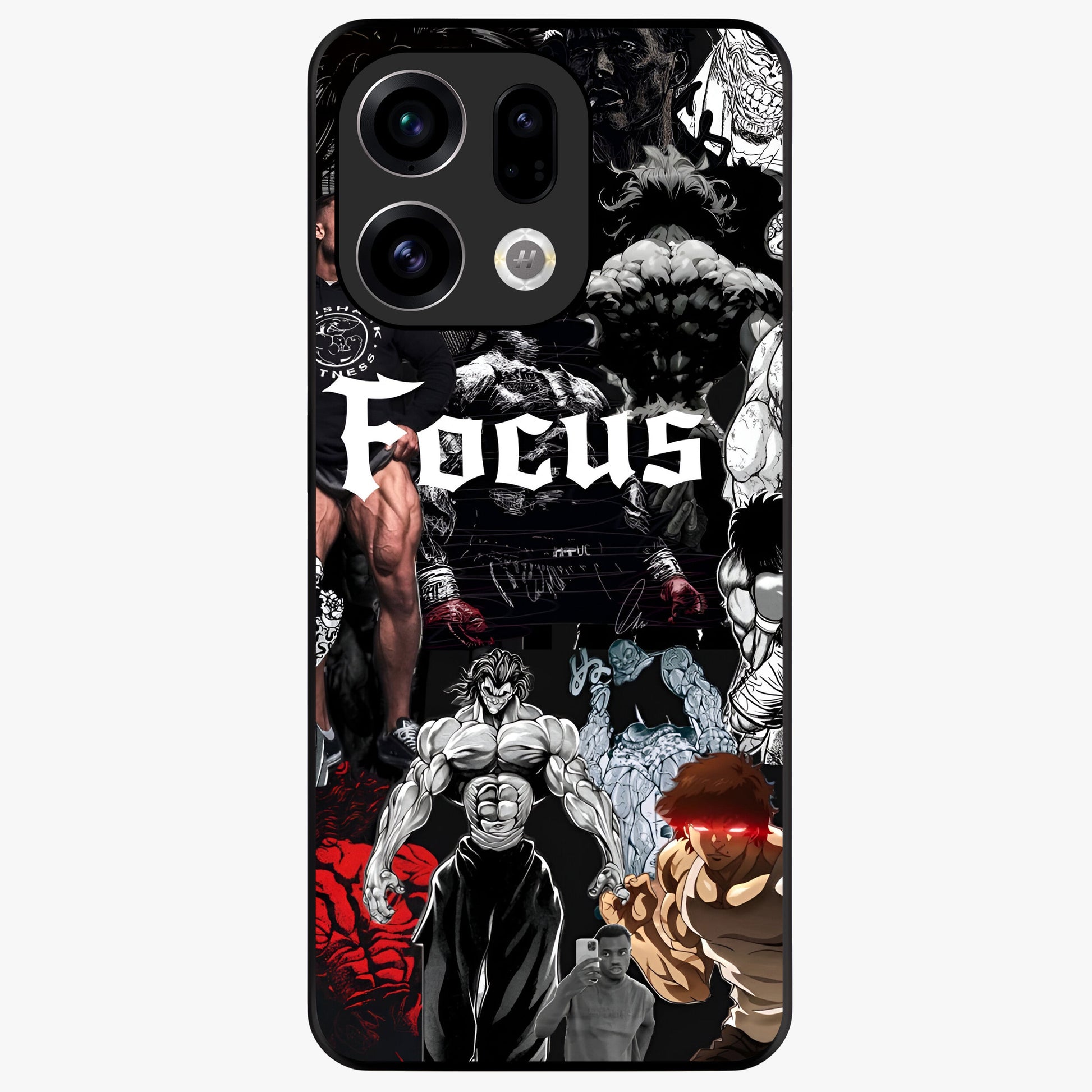 Relentless Power Focus Glass Case showing flat back view with motivational typography artwork and glossy glass finish.