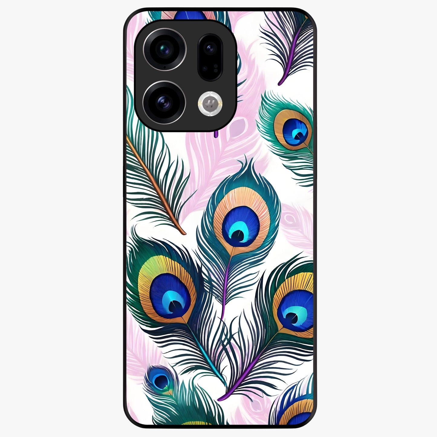 Royal Peacock Feathers Glass Case showing flat back view with colorful peacock feather artwork and glossy glass finish.