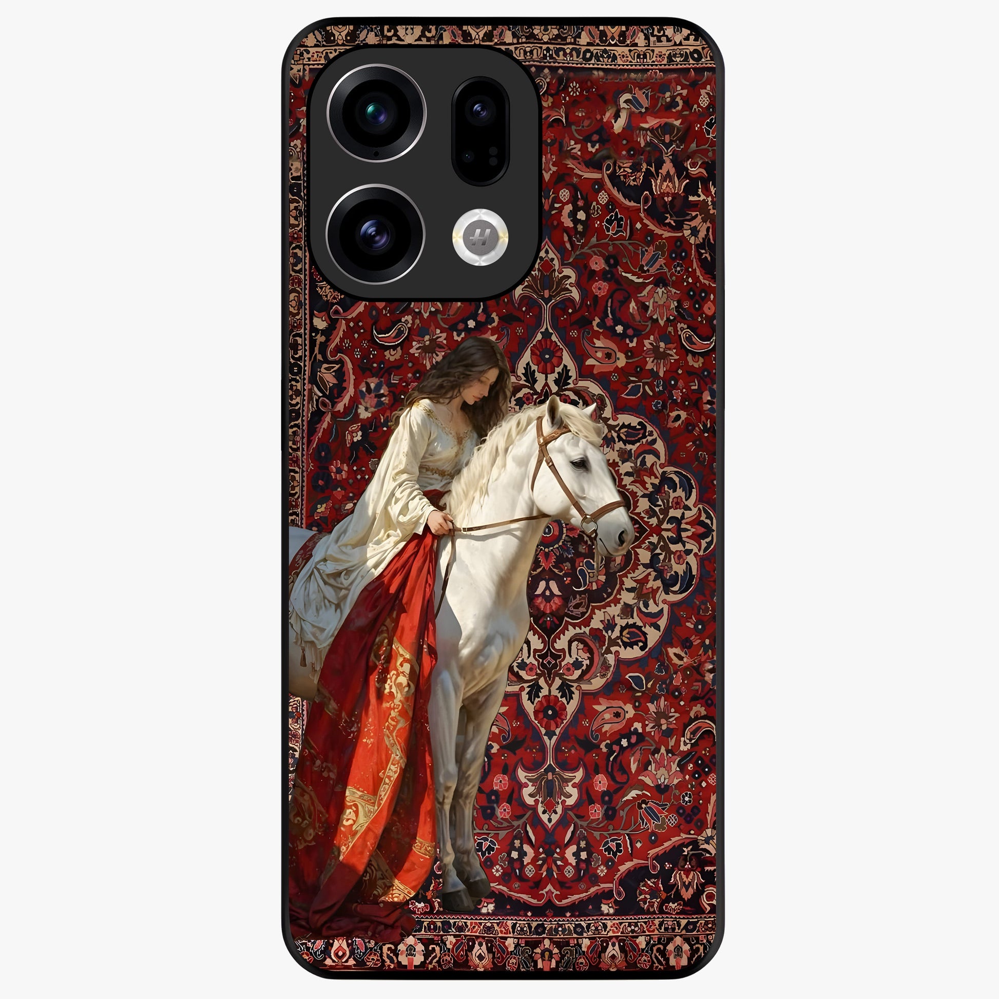 Royal Rider Tapestry Glass Case showing flat back view with majestic horse rider tapestry artwork and glossy glass finish.