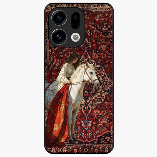 Royal Rider Tapestry Glass Case showing flat back view with majestic horse rider tapestry artwork and glossy glass finish.