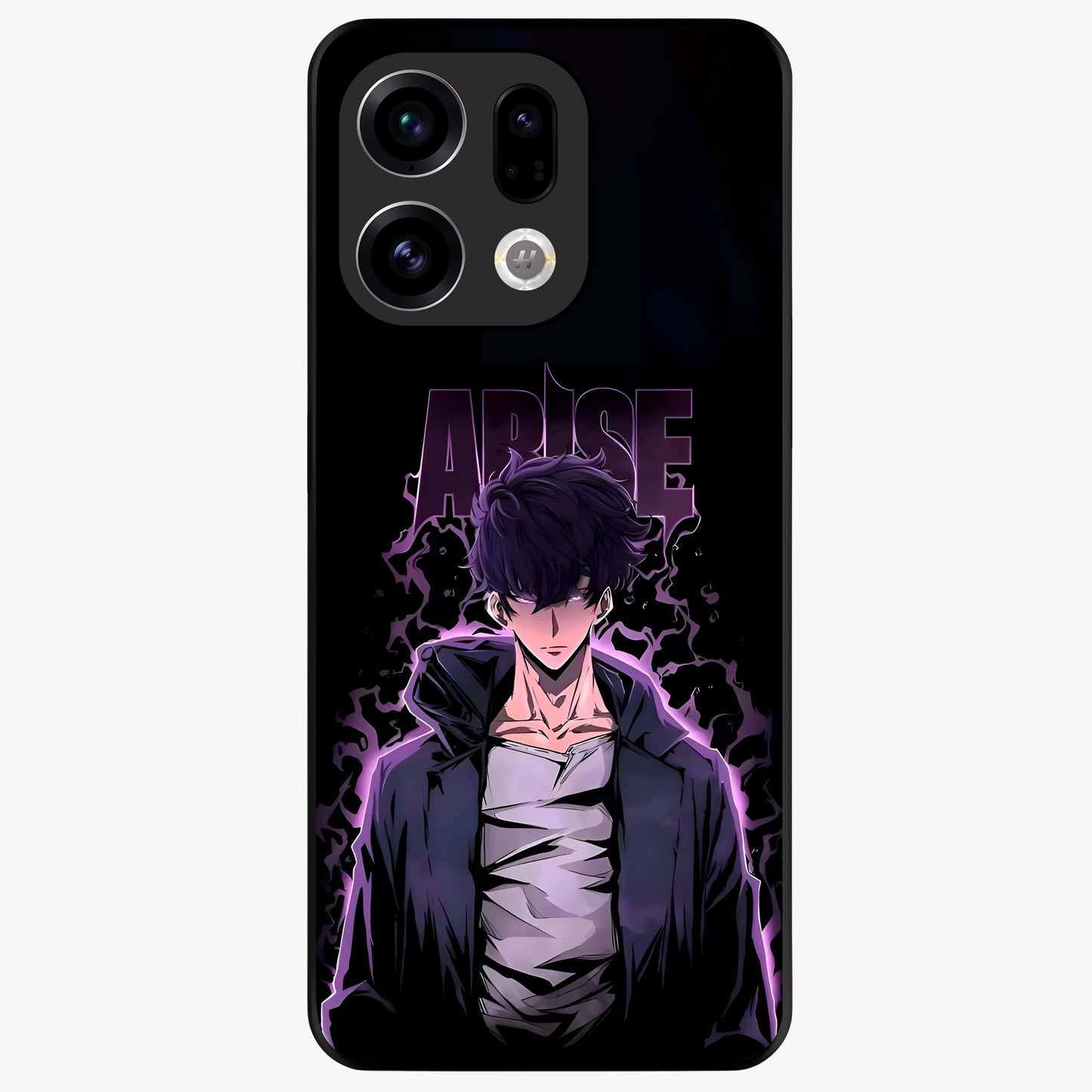 Shadow Monarch Awakening Glass Case showing flat back view with powerful dark monarch themed artwork and glossy glass finish.