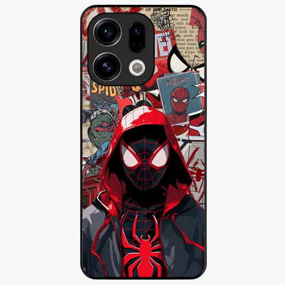 Spider Collage Street Glass Case showing flat back view with vibrant superhero collage artwork and glossy glass finish.