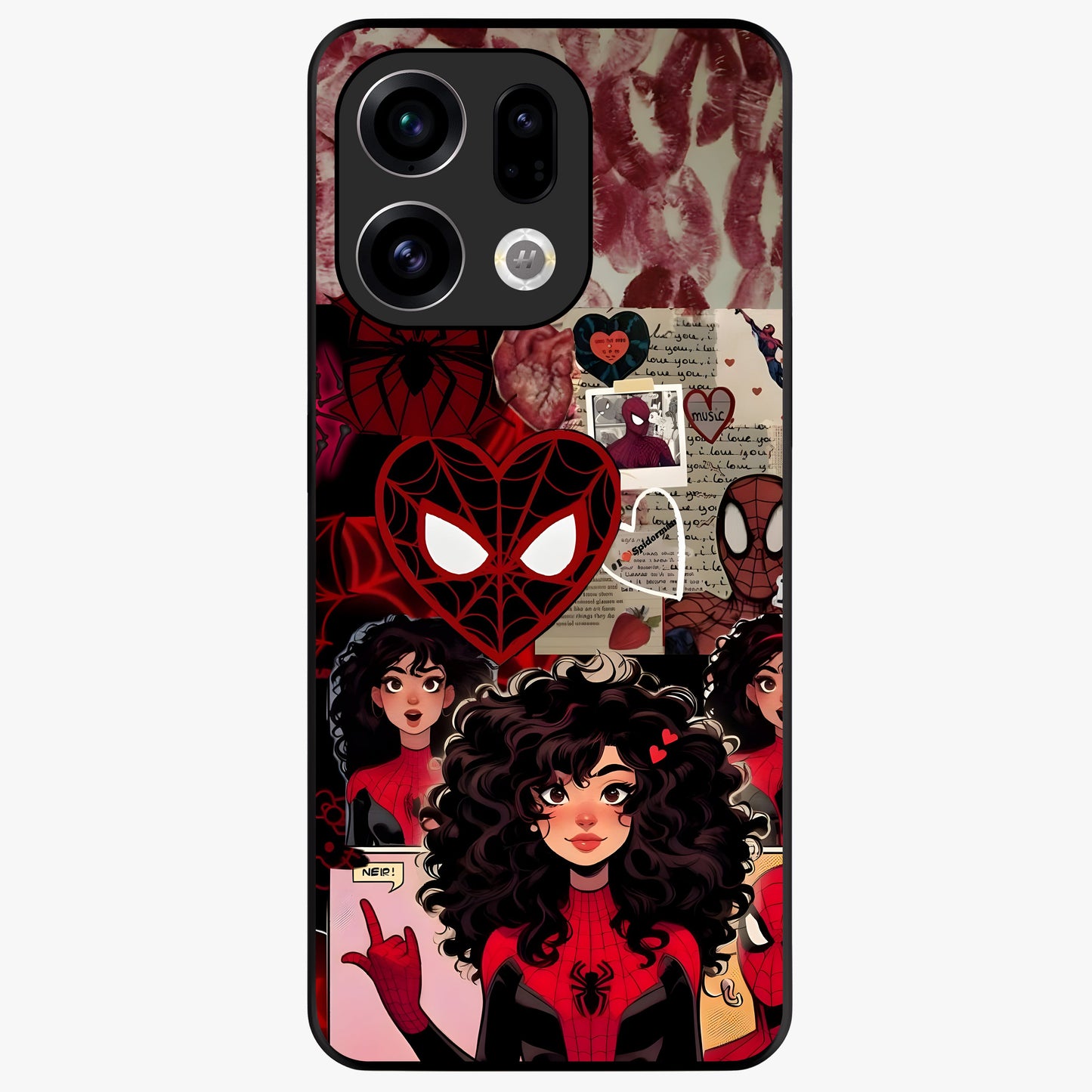 Spider Love Story Glass Case showing flat back view with romantic superhero themed artwork and glossy glass finish.