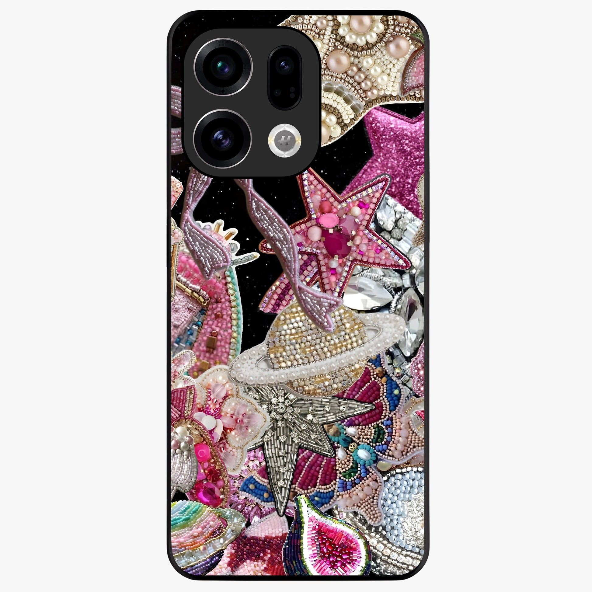 Starlit Jewel Dream Glass Case showing flat back view with sparkling jewel and star themed artwork and glossy glass finish.