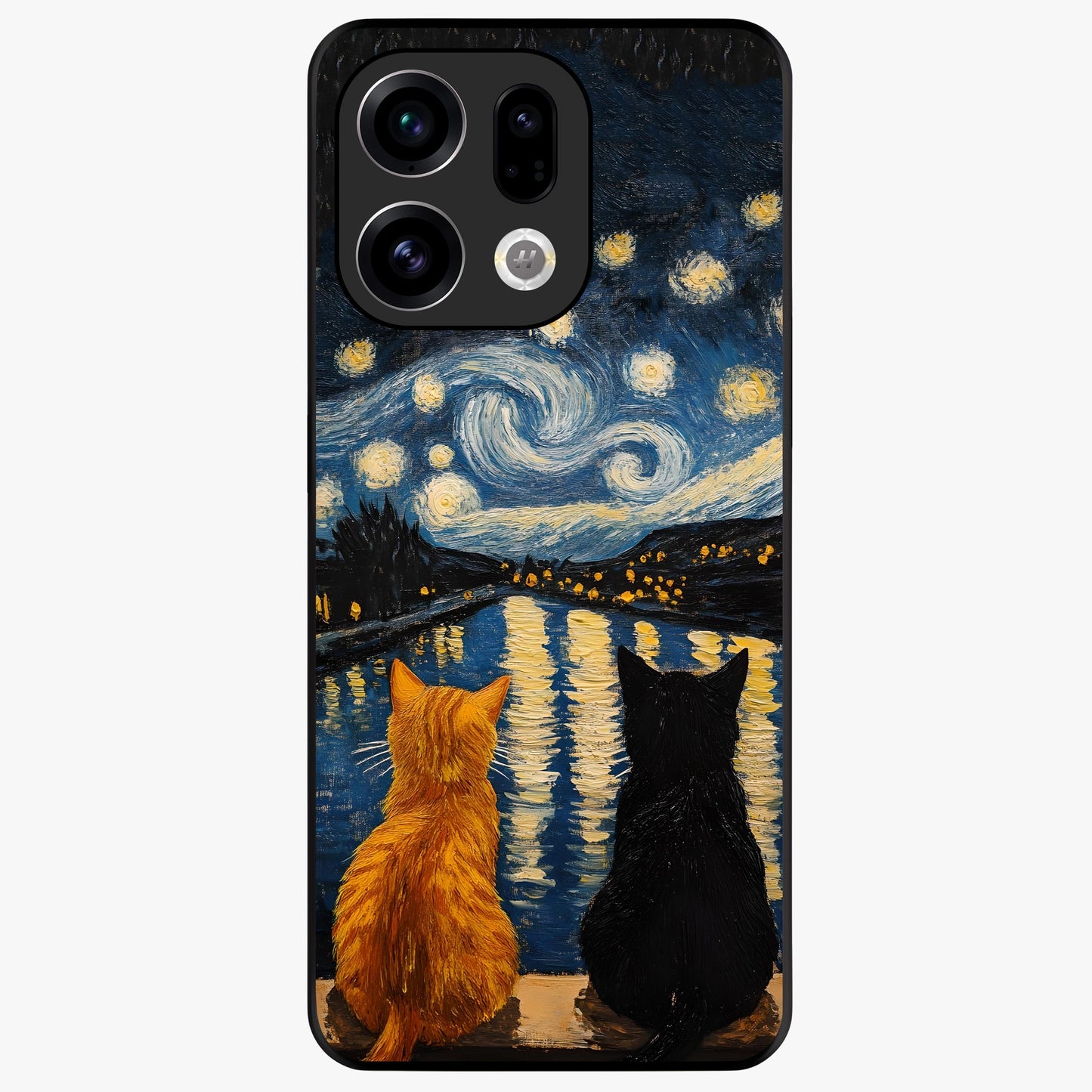 Starry River Cats Glass Case showing flat back view with cats by a starry river artwork and glossy glass finish.