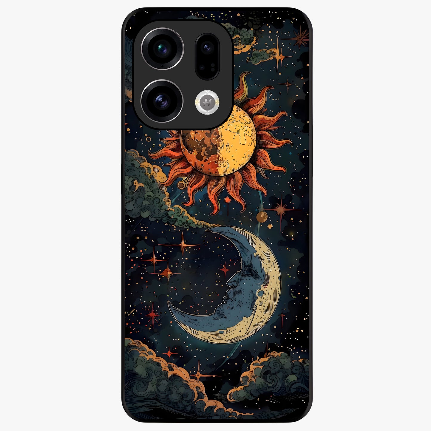 Sun And Moon Magic Design Glass Case showing flat back view with mystical sun and moon artwork and glossy glass finish.