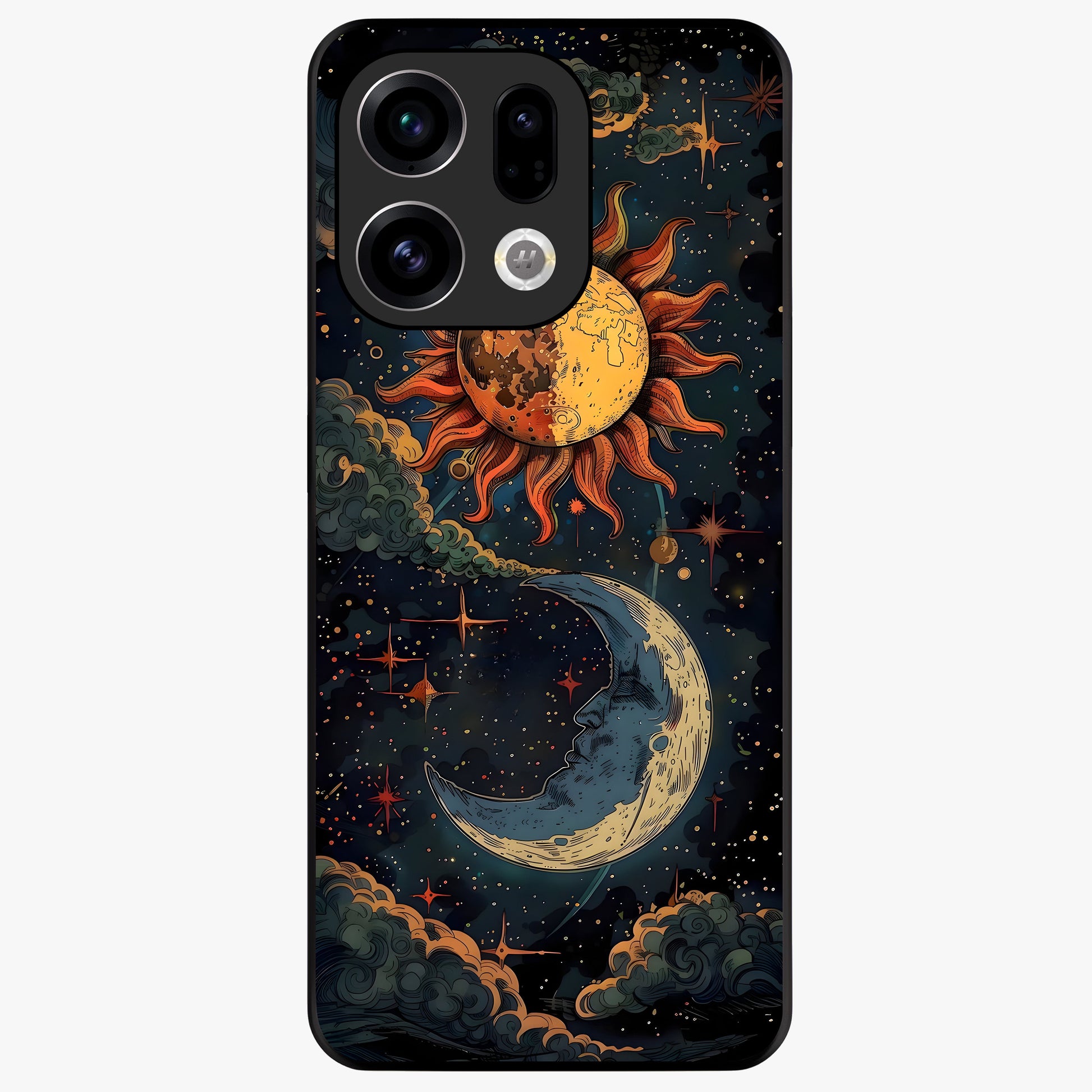 Sun And Moon Magic Design Glass Case showing flat back view with mystical sun and moon artwork and glossy glass finish.