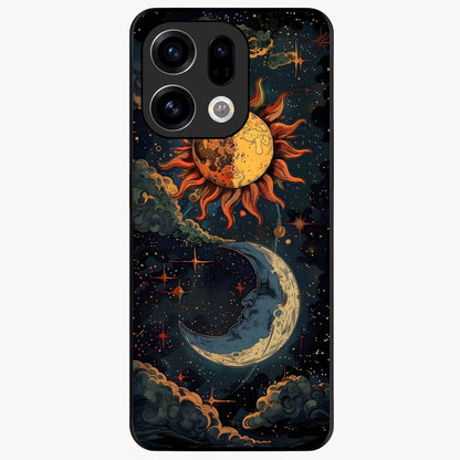 Sun And Moon Magic Design Glass Case showing flat back view with mystical sun and moon artwork and glossy glass finish.