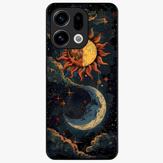 Sun And Moon Magic Design Glass Case showing flat back view with mystical sun and moon artwork and glossy glass finish.