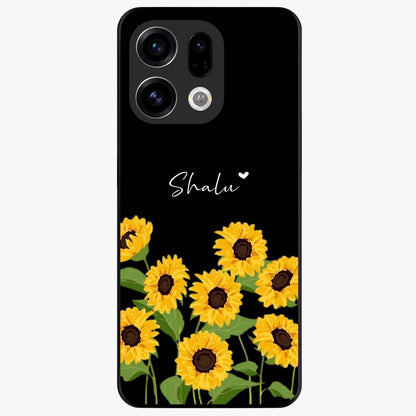 Sunflower Chic Mood Custom Name Glass Case showing flat back view with stylish sunflower artwork and personalized name design.