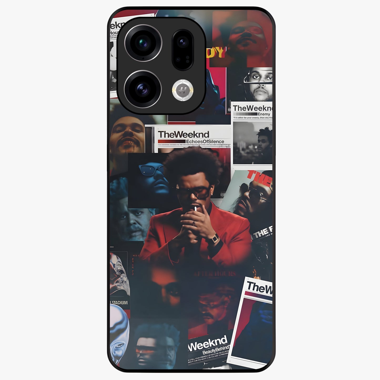 The Weeknd Glass Case showing flat back view with music inspired artistic portrait artwork and glossy glass finish.