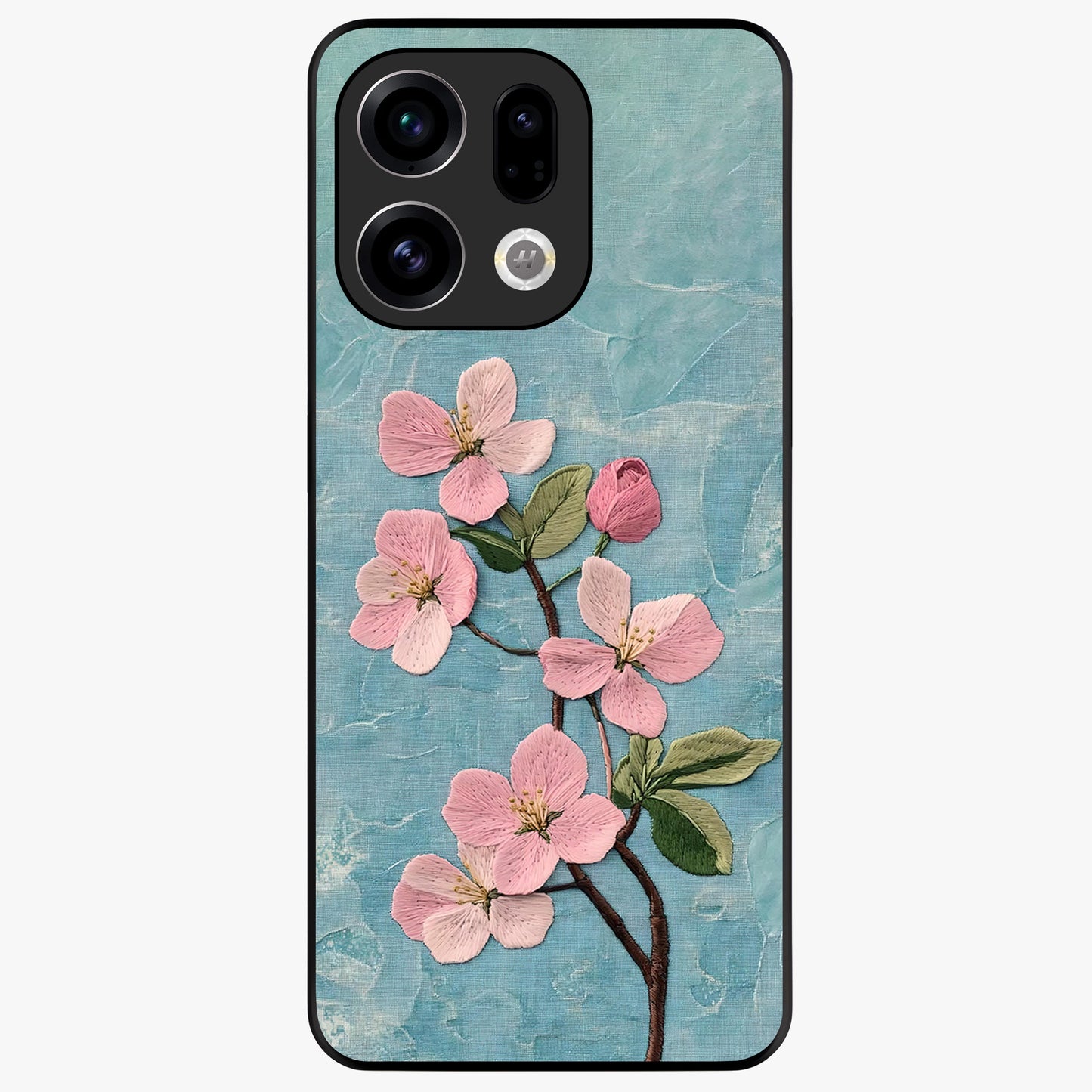 Threaded Blossom Breeze Glass Case showing flat back view with delicate blossom artwork and glossy glass finish.