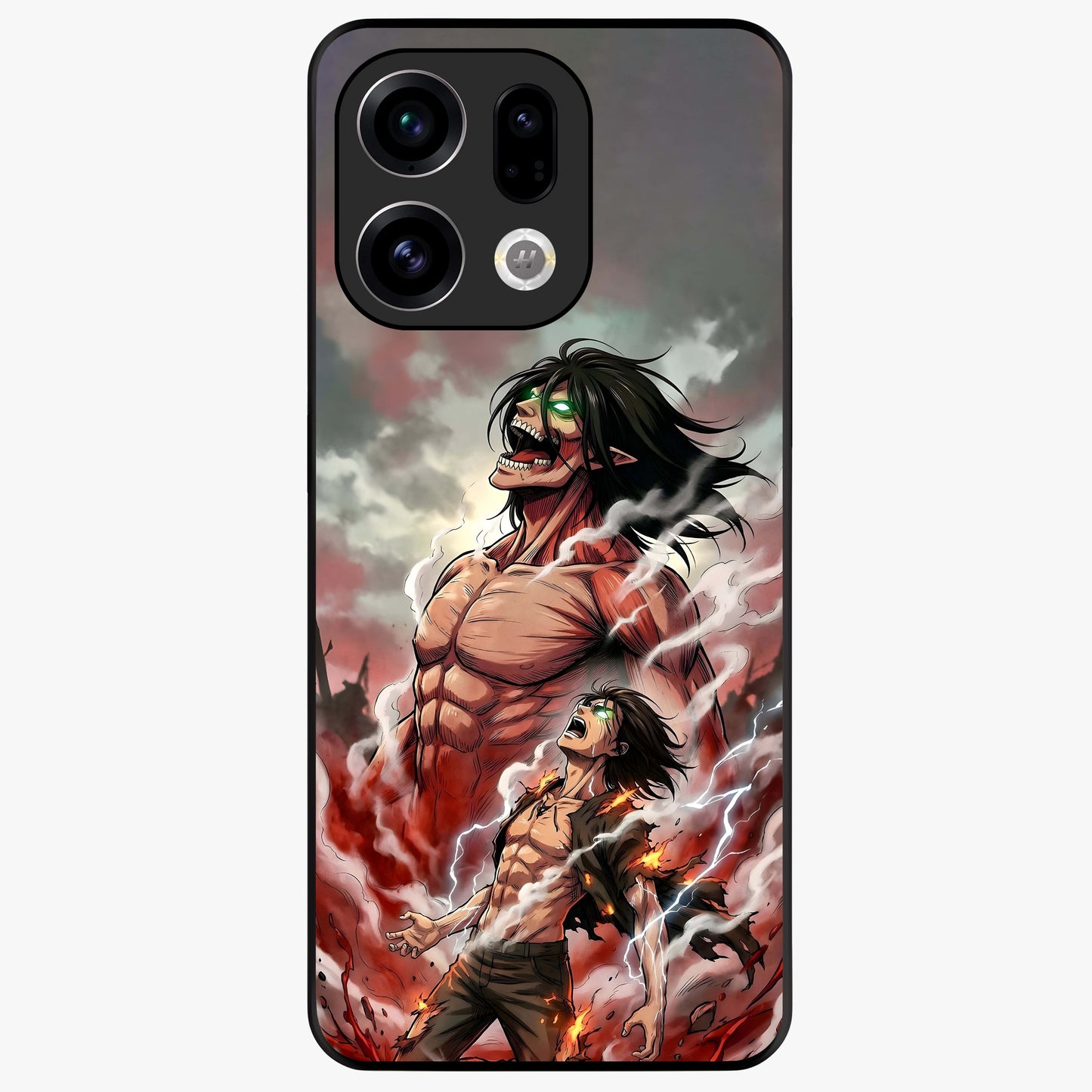 Titan Awakening Fury Glass Case showing flat back view with powerful titan inspired artwork and glossy glass finish.