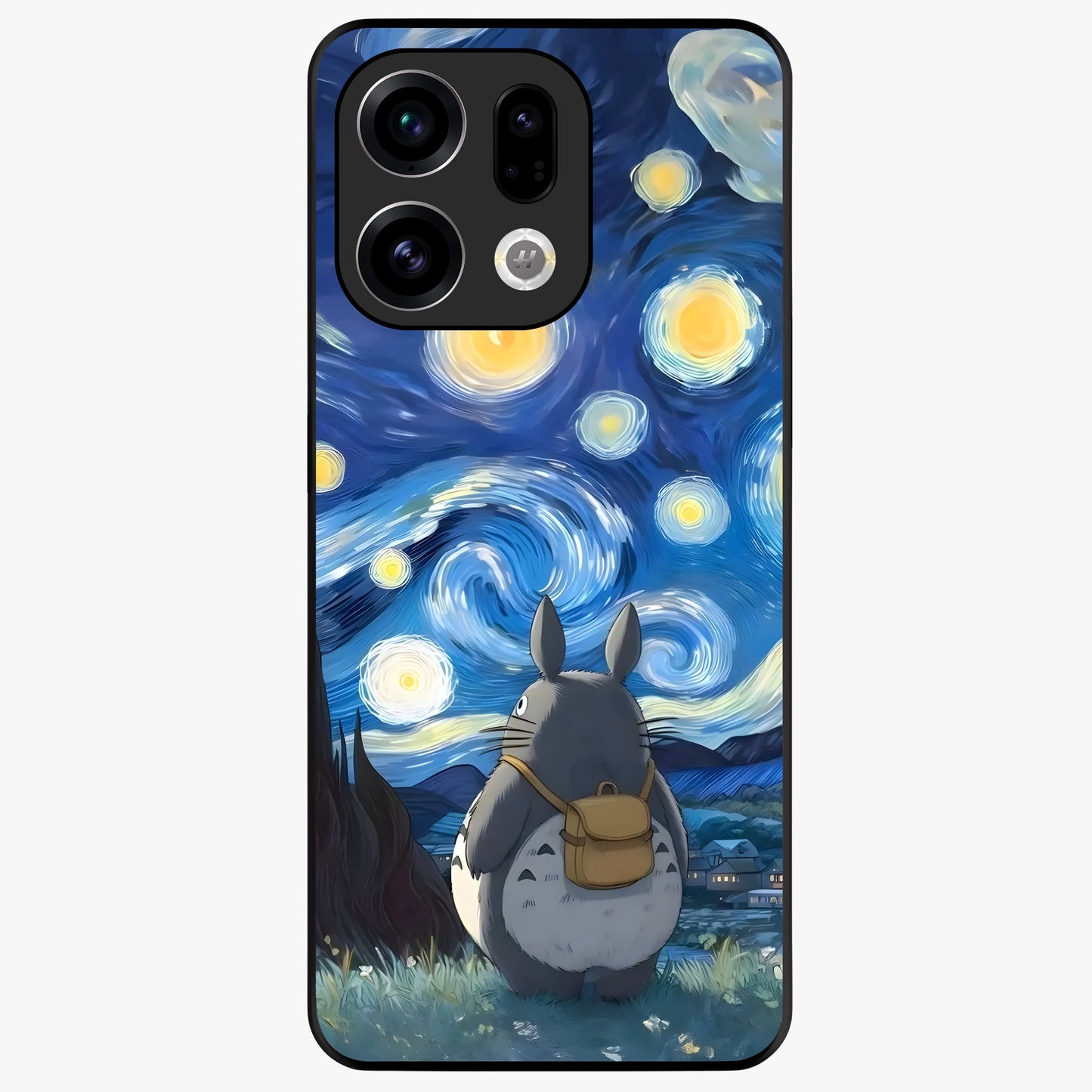 Totoro In Van Gogh Art Glass Case showing flat back view with whimsical character artwork inspired by Van Gogh style and glossy glass finish.