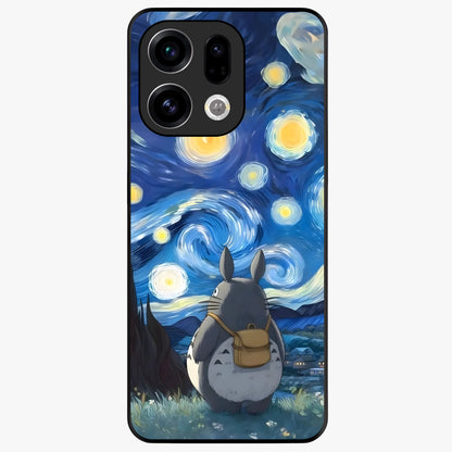 Totoro In Van Gogh Art Glass Case showing flat back view with whimsical character artwork inspired by Van Gogh style and glossy glass finish.