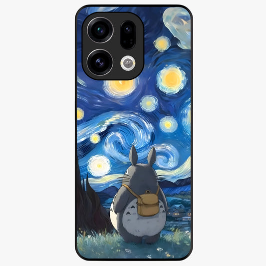 Totoro In Van Gogh Art Glass Case showing flat back view with whimsical character artwork inspired by Van Gogh style and glossy glass finish.